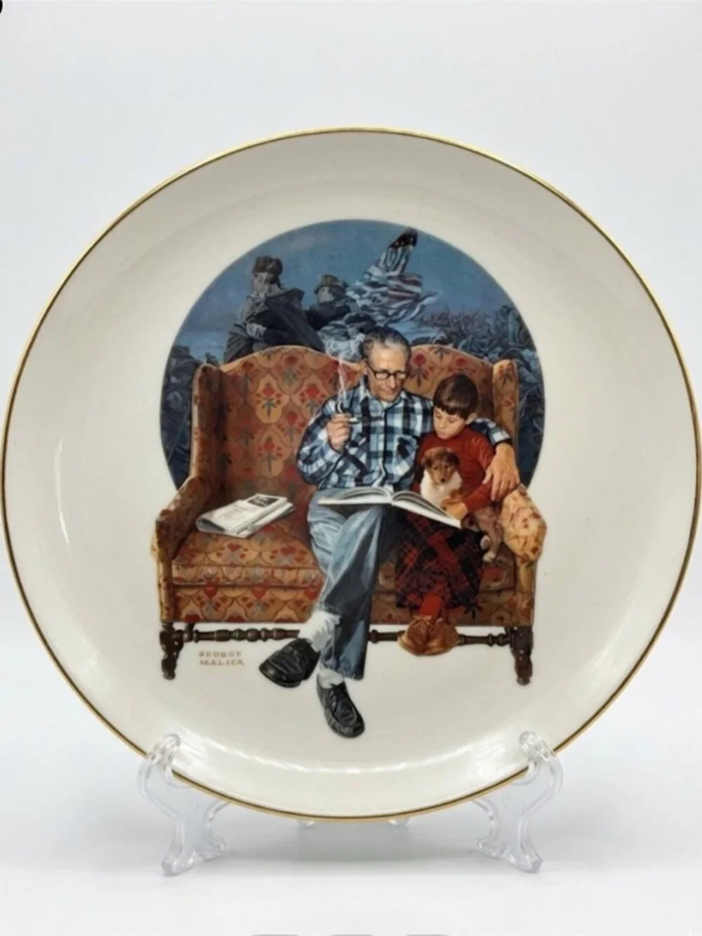 George Malick 1976 Bi Centennial Collector Plate Grandfather Reading to Child